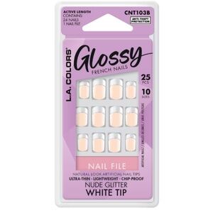 LA Colors Glossy Nude/French Glitter White Tip Short Artificial Nails,no glue